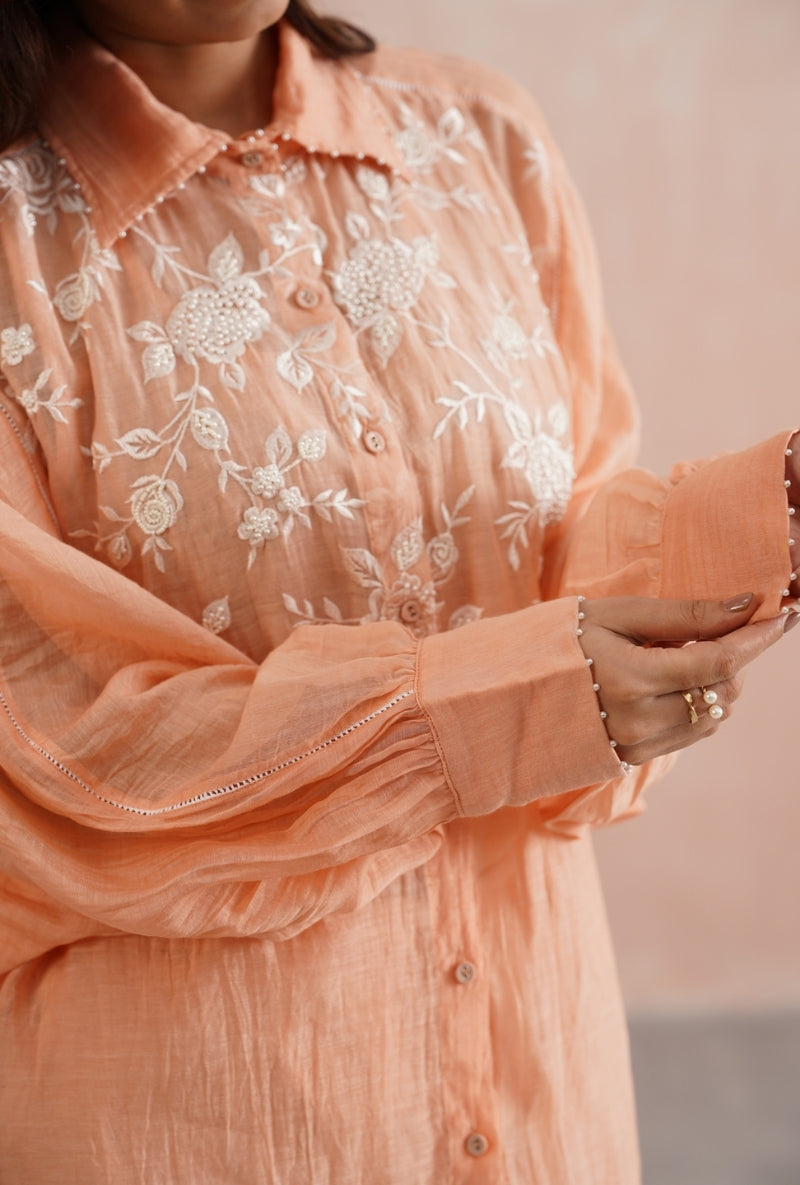 Peach Pearl Embroidered Kimono Prisha Co-ord set
