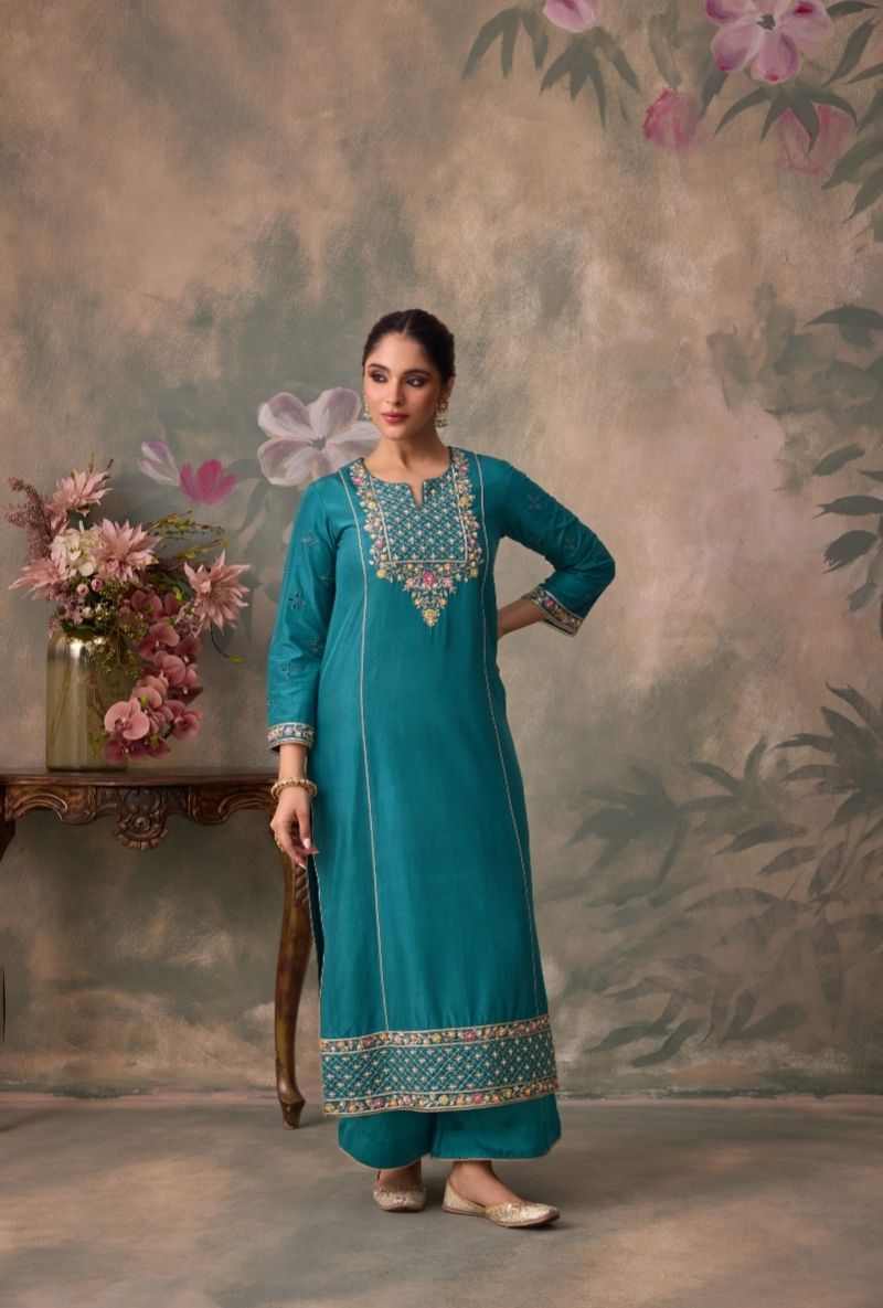 Teal Green Embroidered Jaal Yoke Jalsa Kurta Set