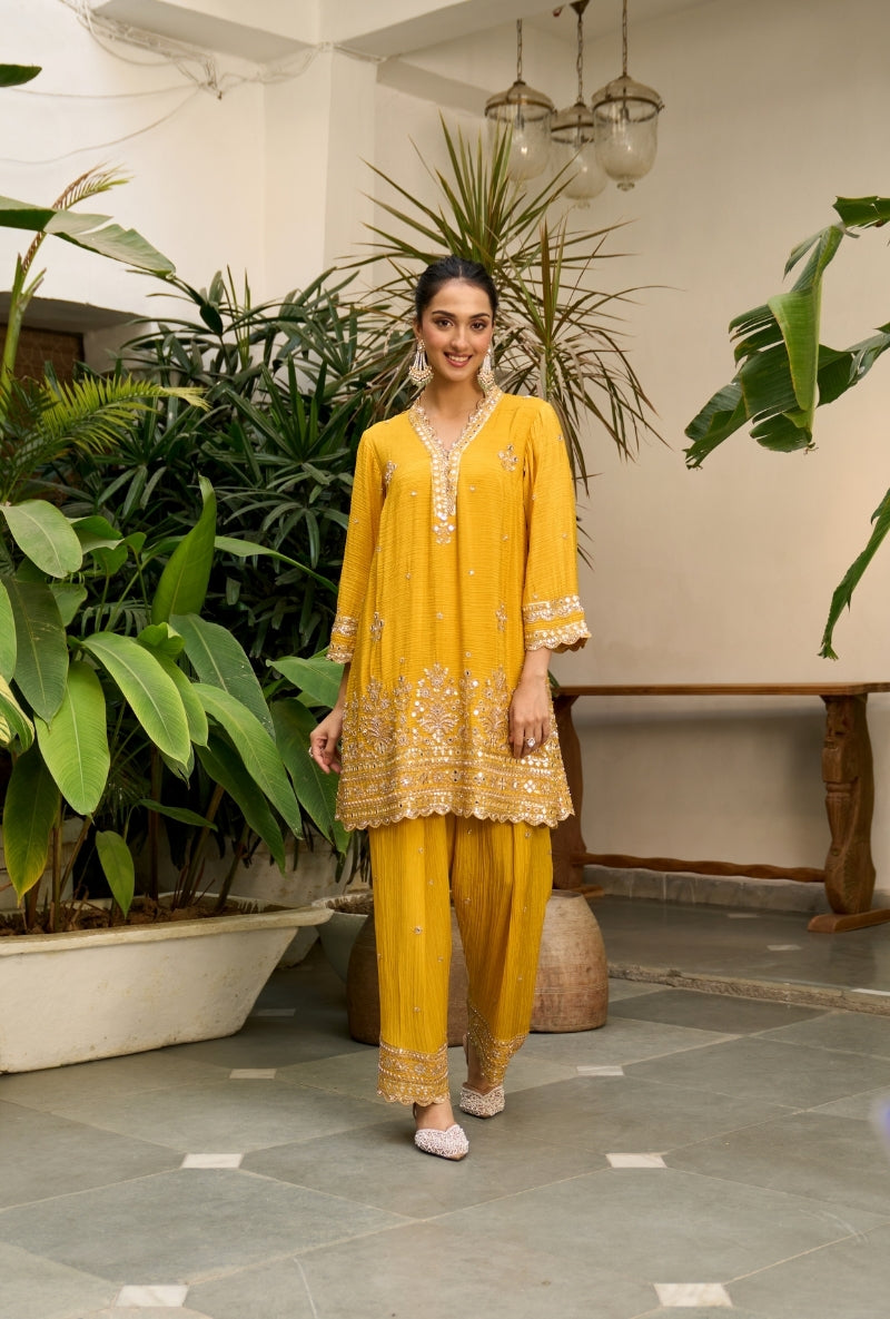 Yellow Embroidered A-Line Nadira Farshi Salwar Set