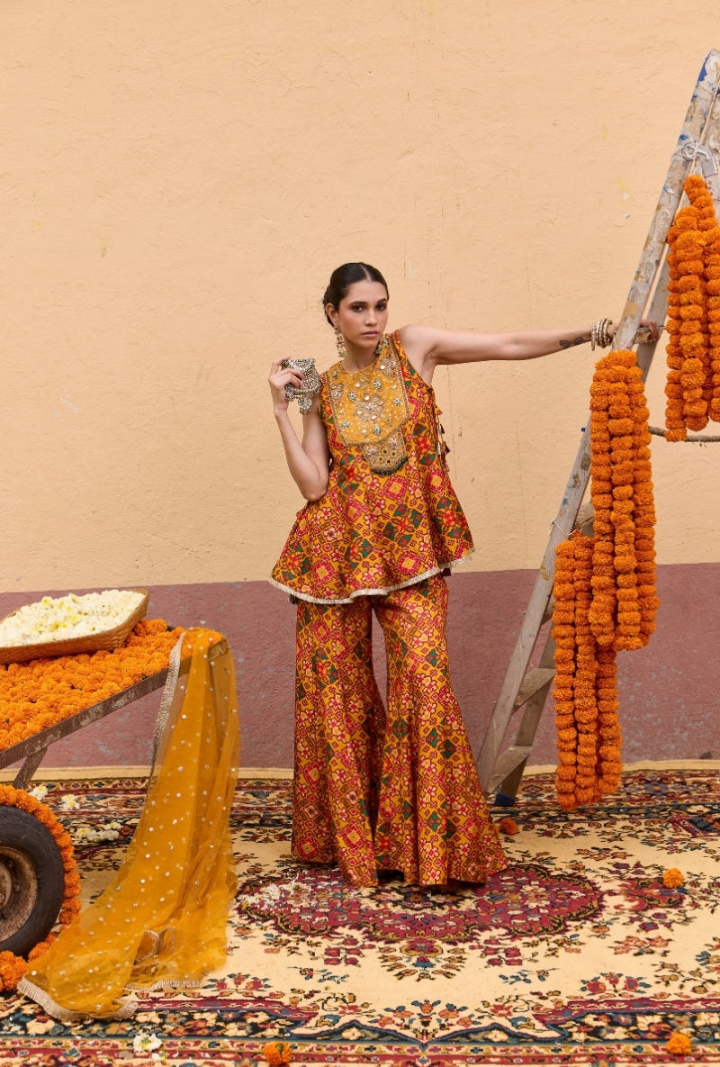 Yellow Patola Short Kali Oorja Sharara Set