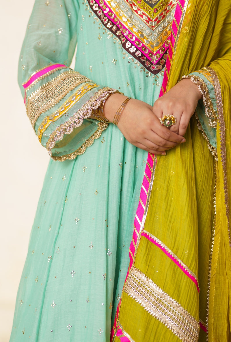 Aqua Multi Colour Yoke Nargis Anarkali Set