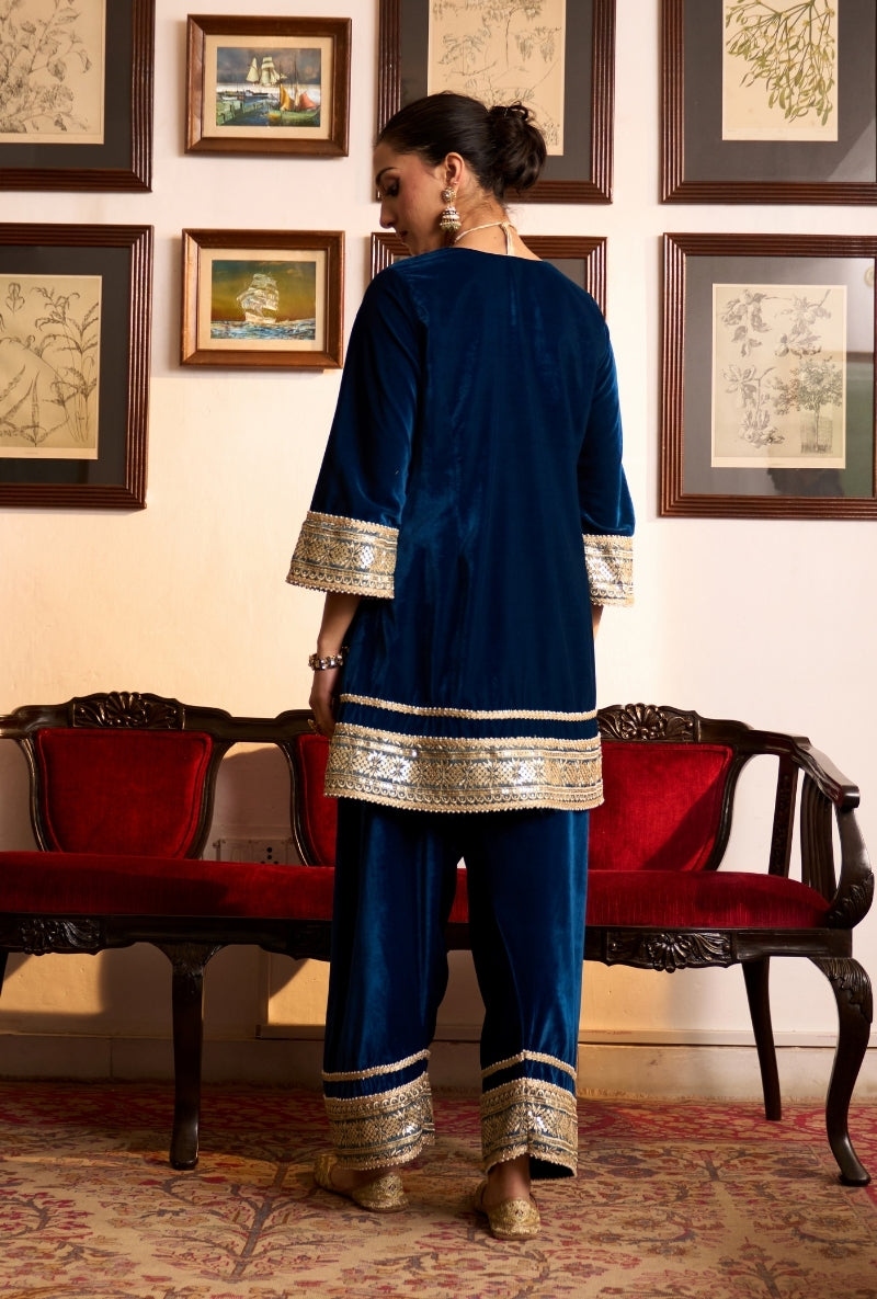 Blue Long Zari Embroidery Yoke Dilbar Farshi Salwar Set