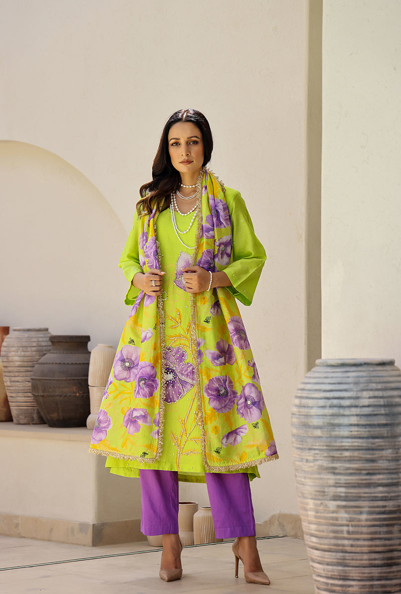 Green And Purple Garden Printed A Line Magnolia Kurta Set