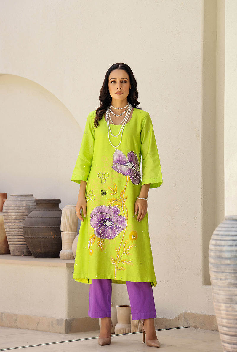 Green And Purple Garden Printed A Line Magnolia Kurta Set