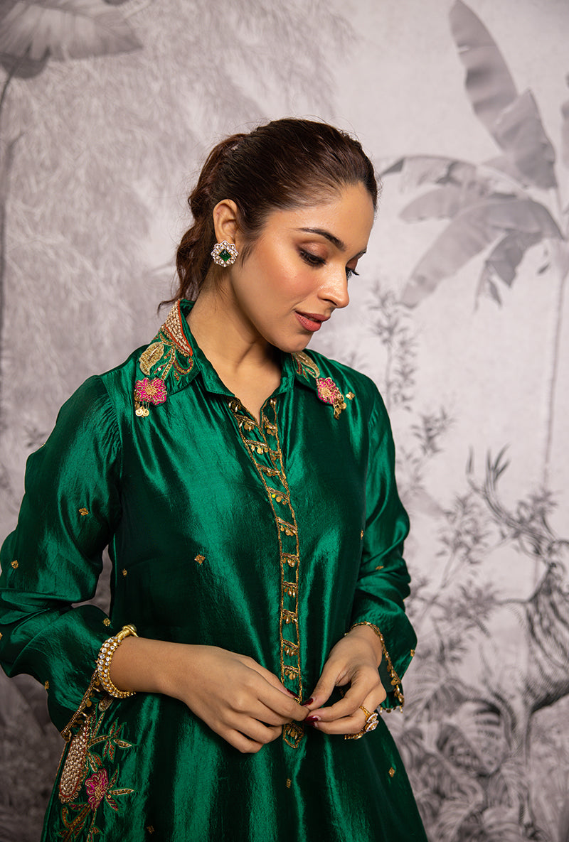 Green Cheent Embroidery Solid Collar Pocket Shaheen Kurta Set