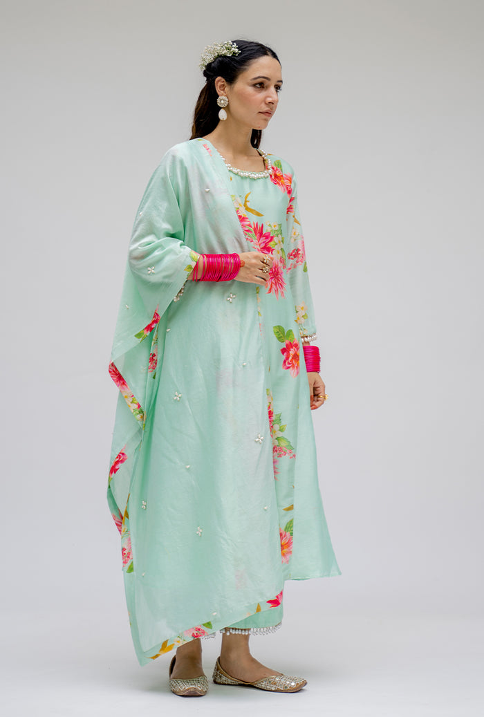 NYRA - DAISY IVORY WITH MINT GREEN SHORT KURTA AND DHOTI main image 0