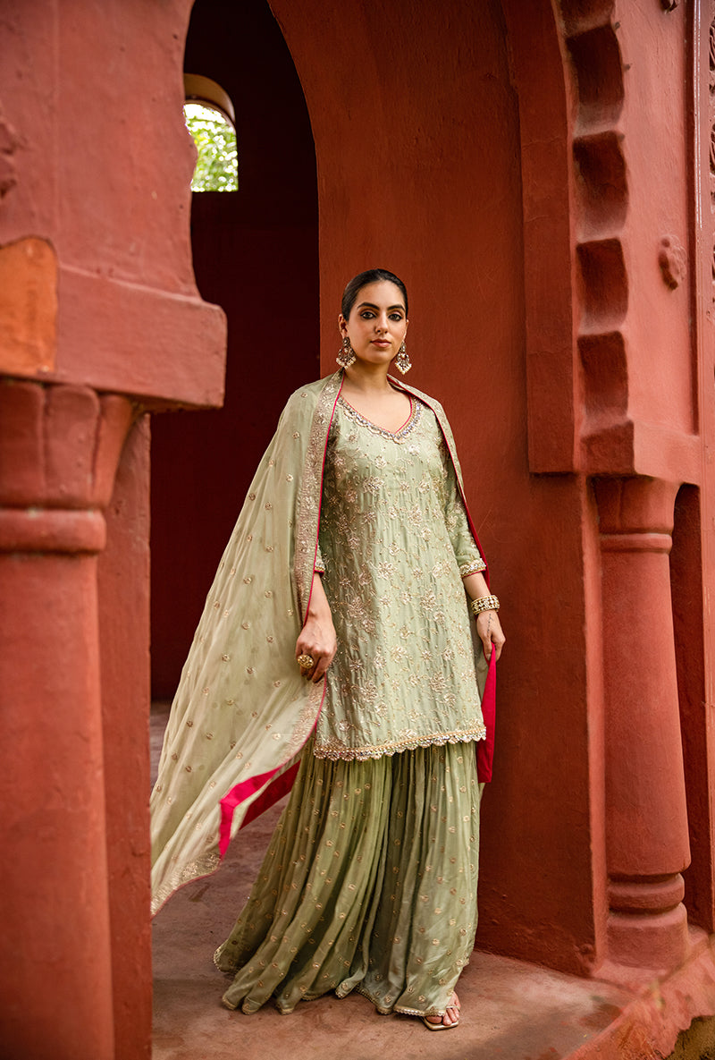 Pista Green Swaroski And Zari Hoor 3.0 Gharara Set