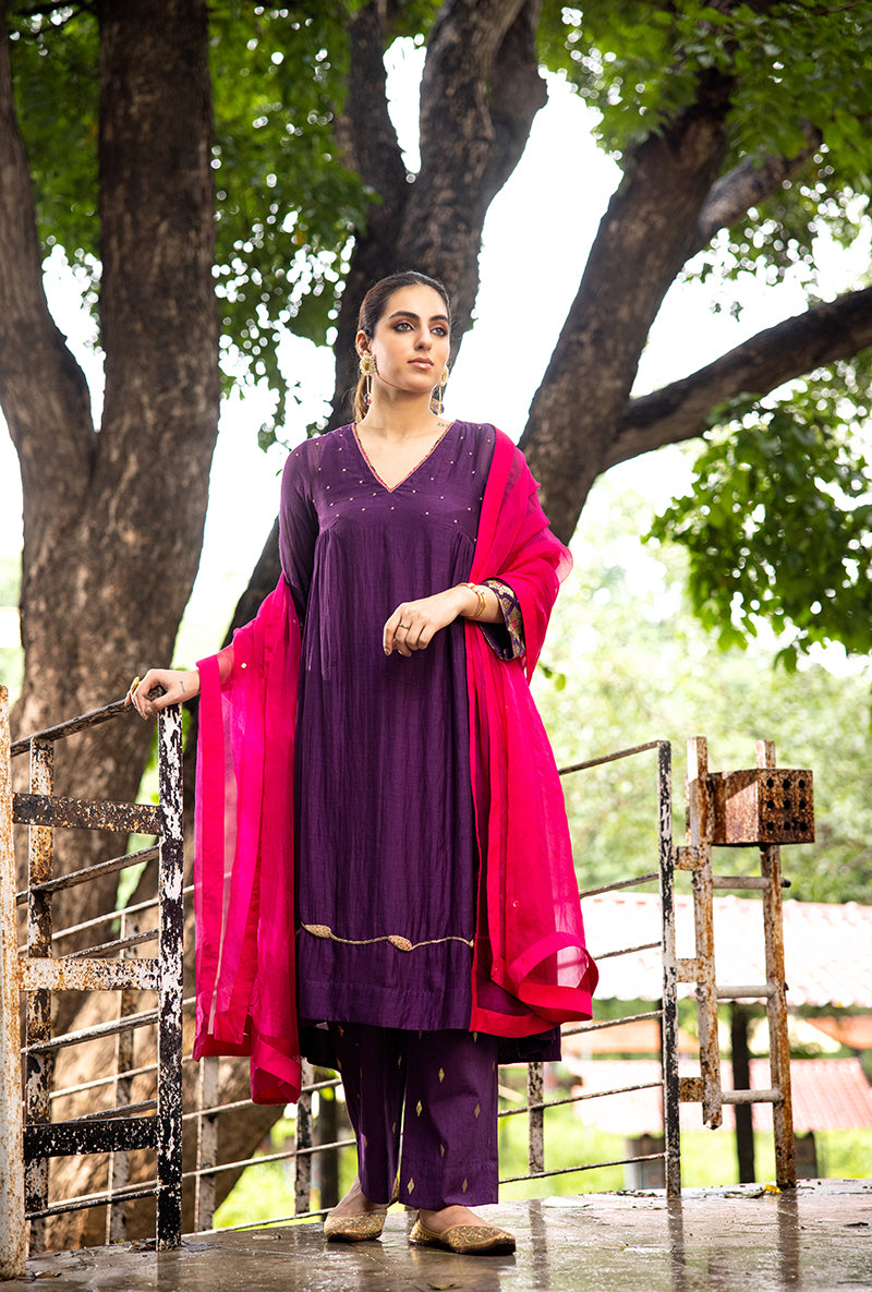 Purple French Knot Work Dor Kurta Set