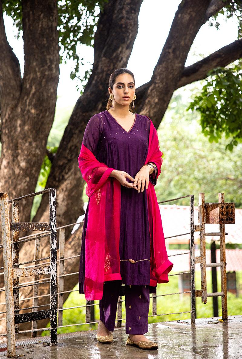 Purple French Knot Work Dor Kurta Set