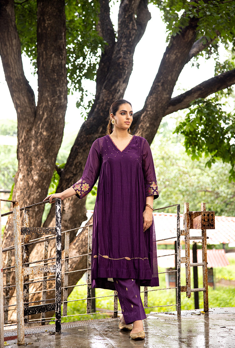 Purple French Knot Work Dor Kurta Set