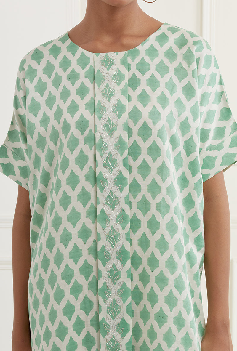 Sea Green Block Printed Sehar Kaftan