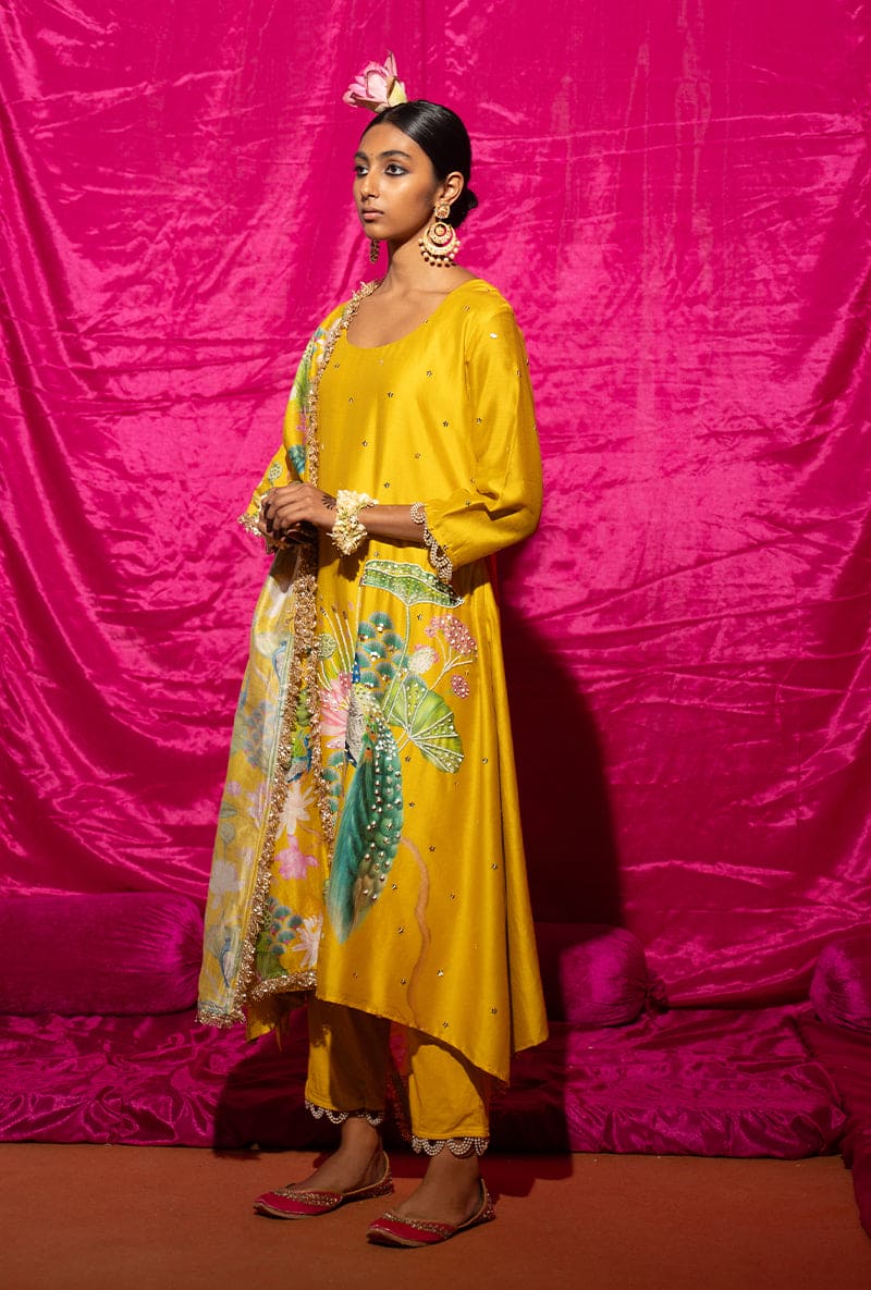 Yellow Peacock Motif Kamli Kurta Set