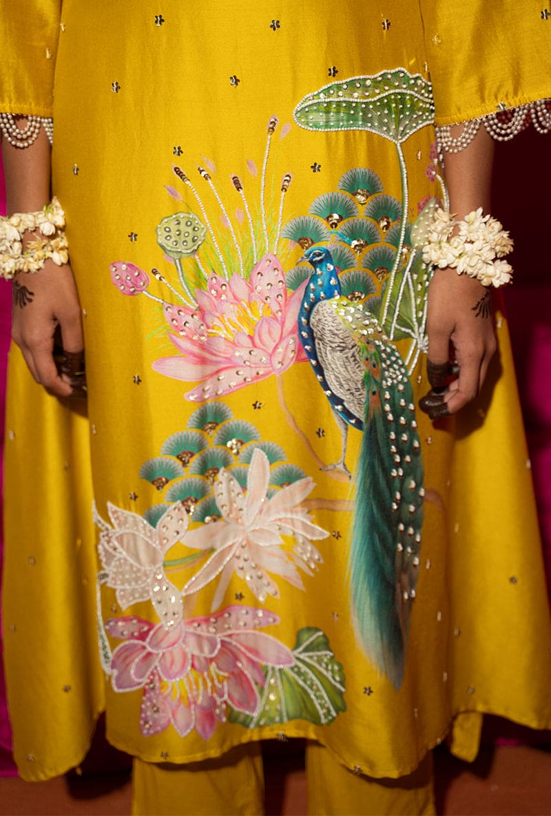 Yellow Peacock Motif Kamli Kurta Set