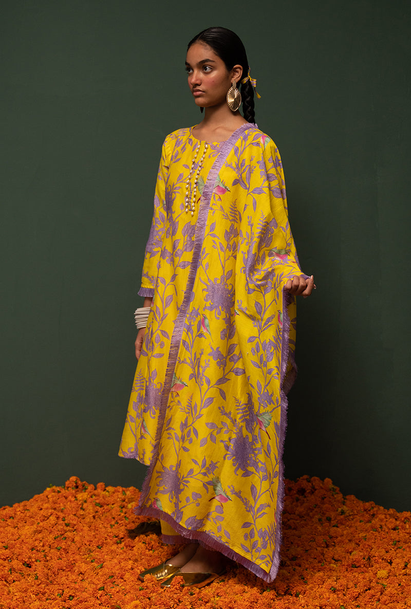 Yellow Printed Long Sasha Kurta Set