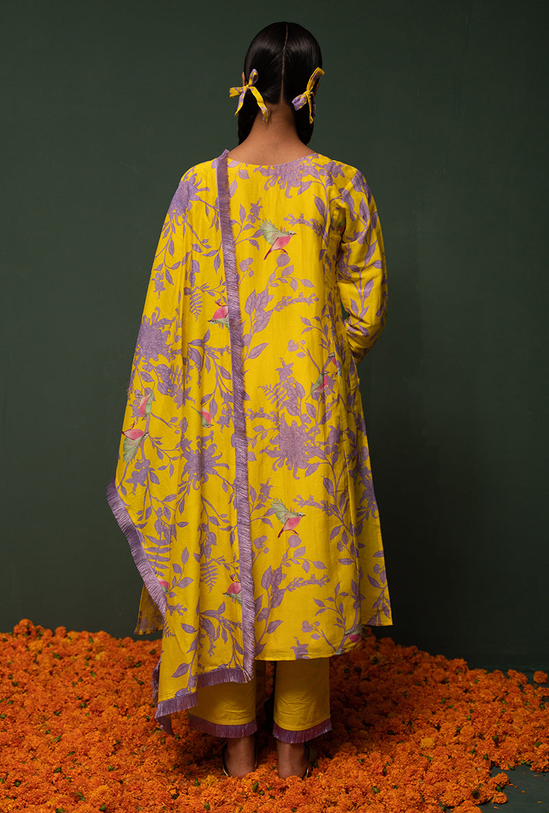 Yellow Printed Long Sasha Kurta Set