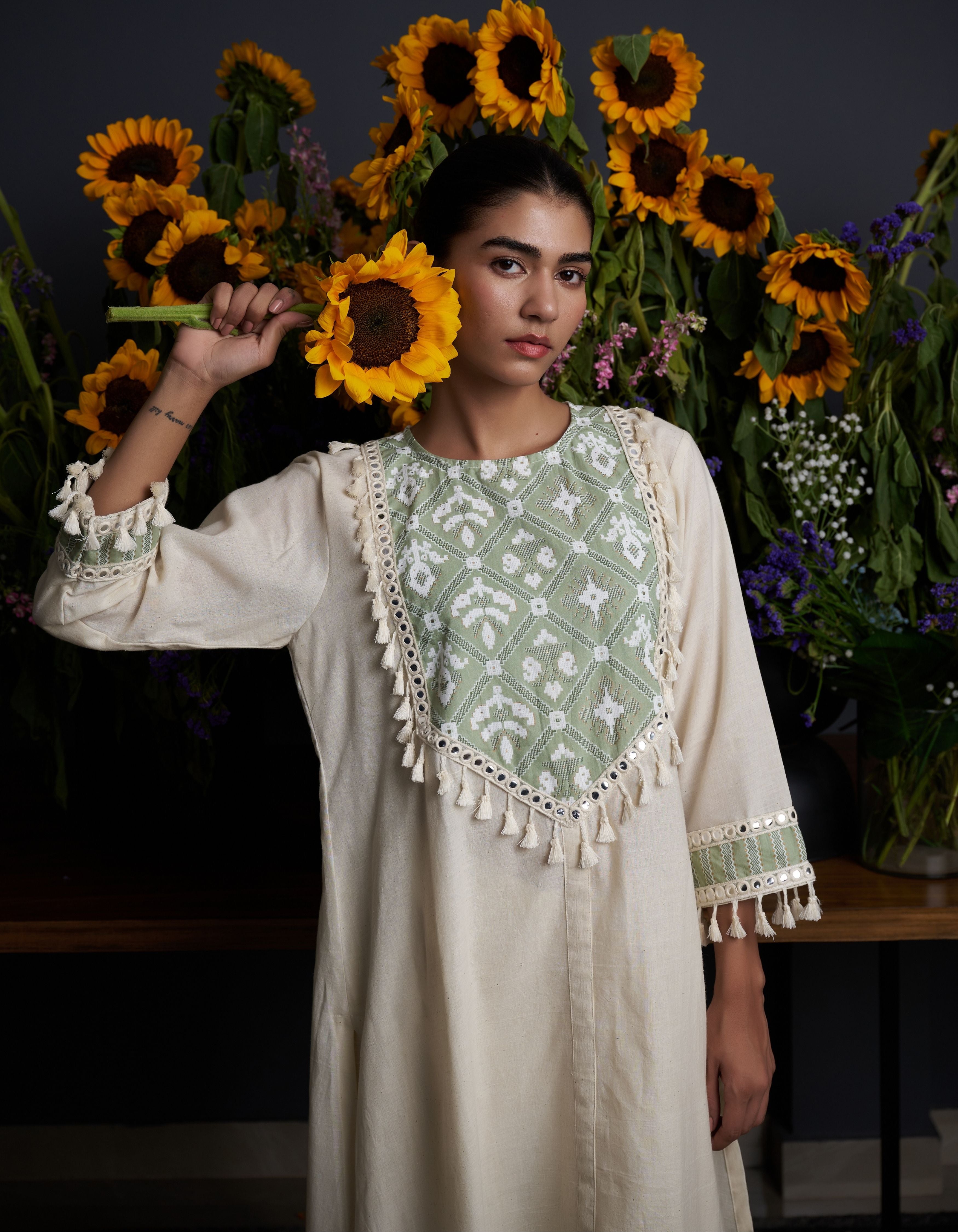 Beige Patterned Yoke Vedika Nadia Kurta Set