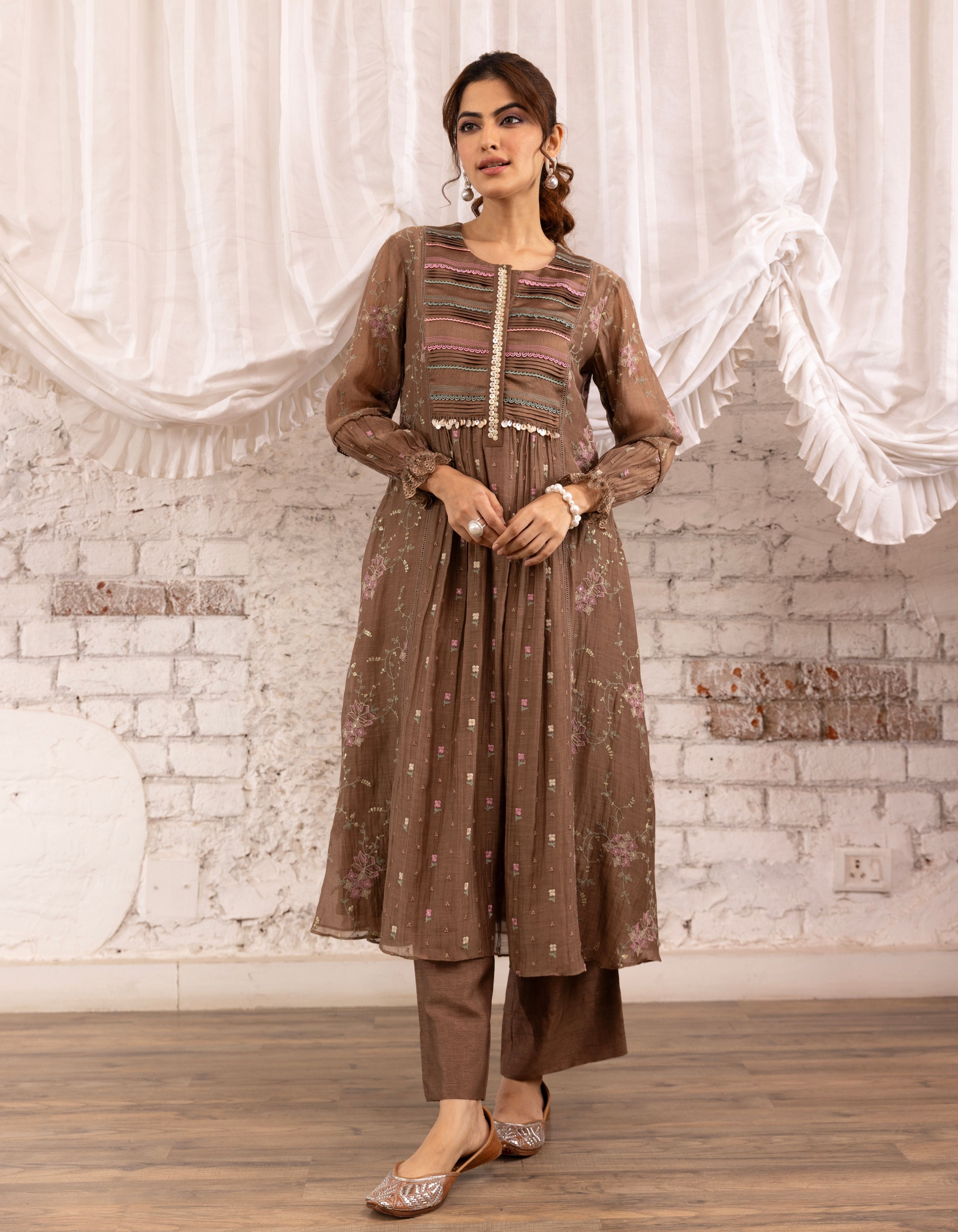 Brown Threadwork Long Yoke Noor Kurta Set