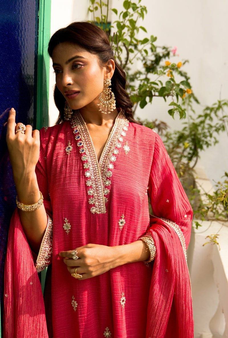 Red Embroidered A-Line Nadira Farshi Salwar Set