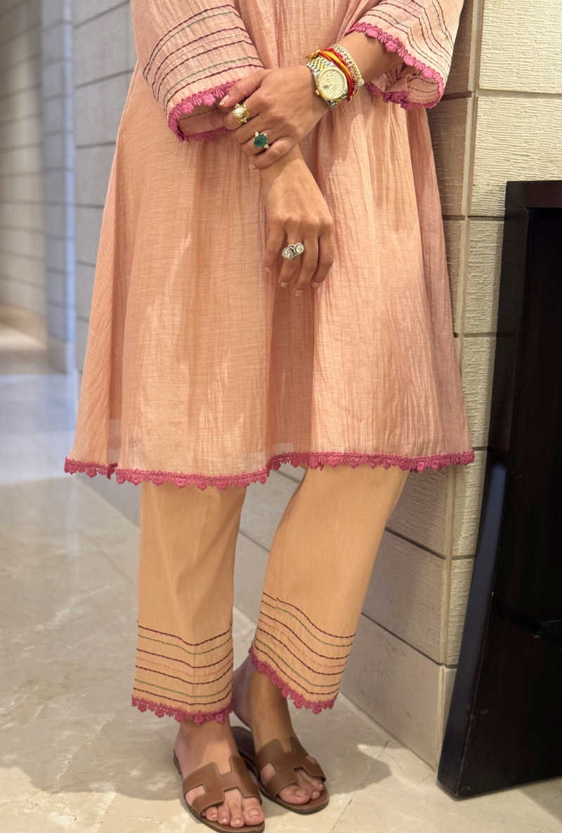 Meghna Nayyar in Soft Pink Floral Embroidered Kurta Set