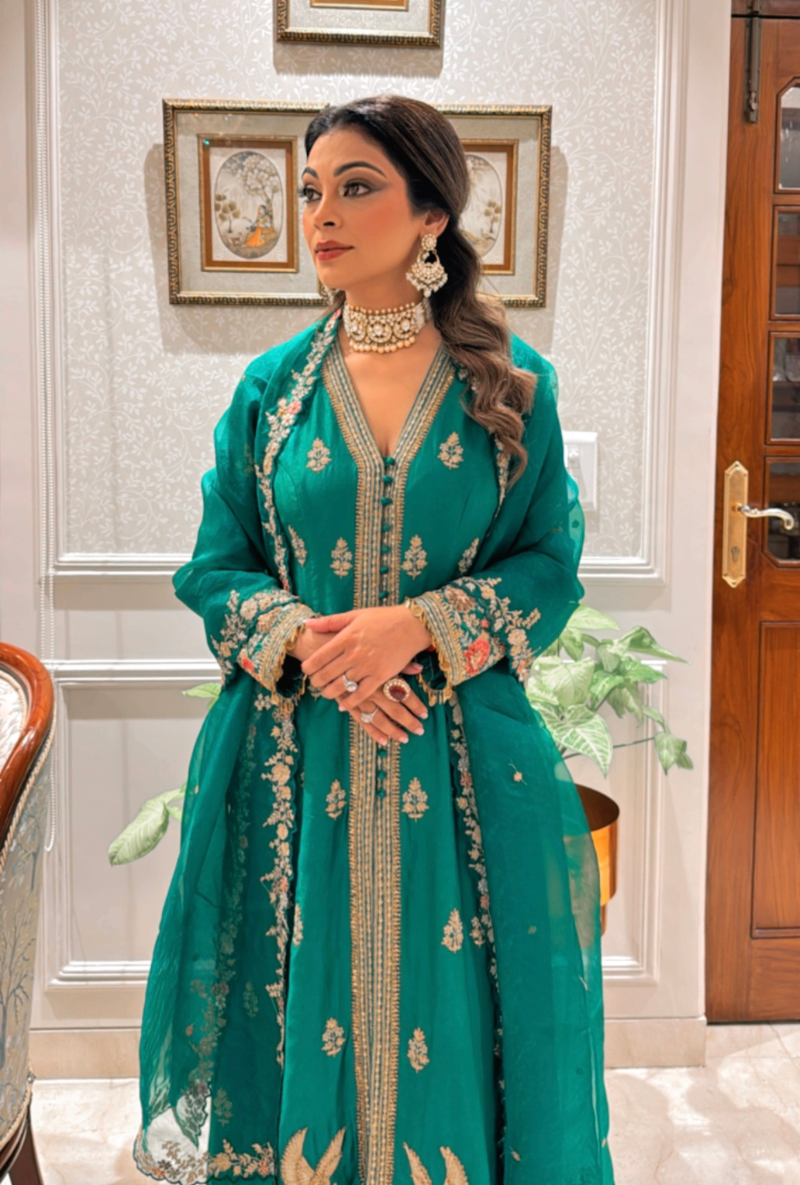 Meghna Nayyar in Green Long Jacket Kurta Set