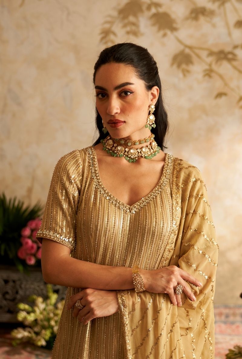 Beige Stripes Sequin Rumi Gharara Set