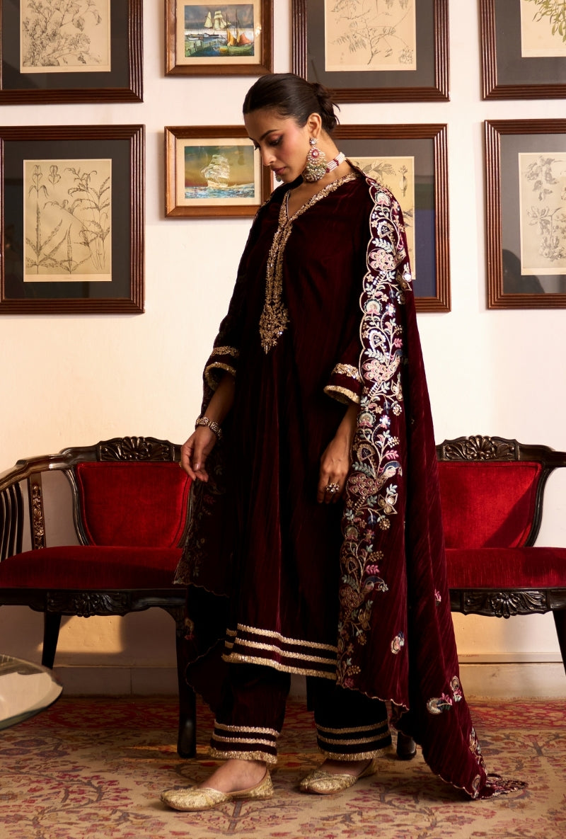 Wine Crushed Velvet Dilbar Kurta Set