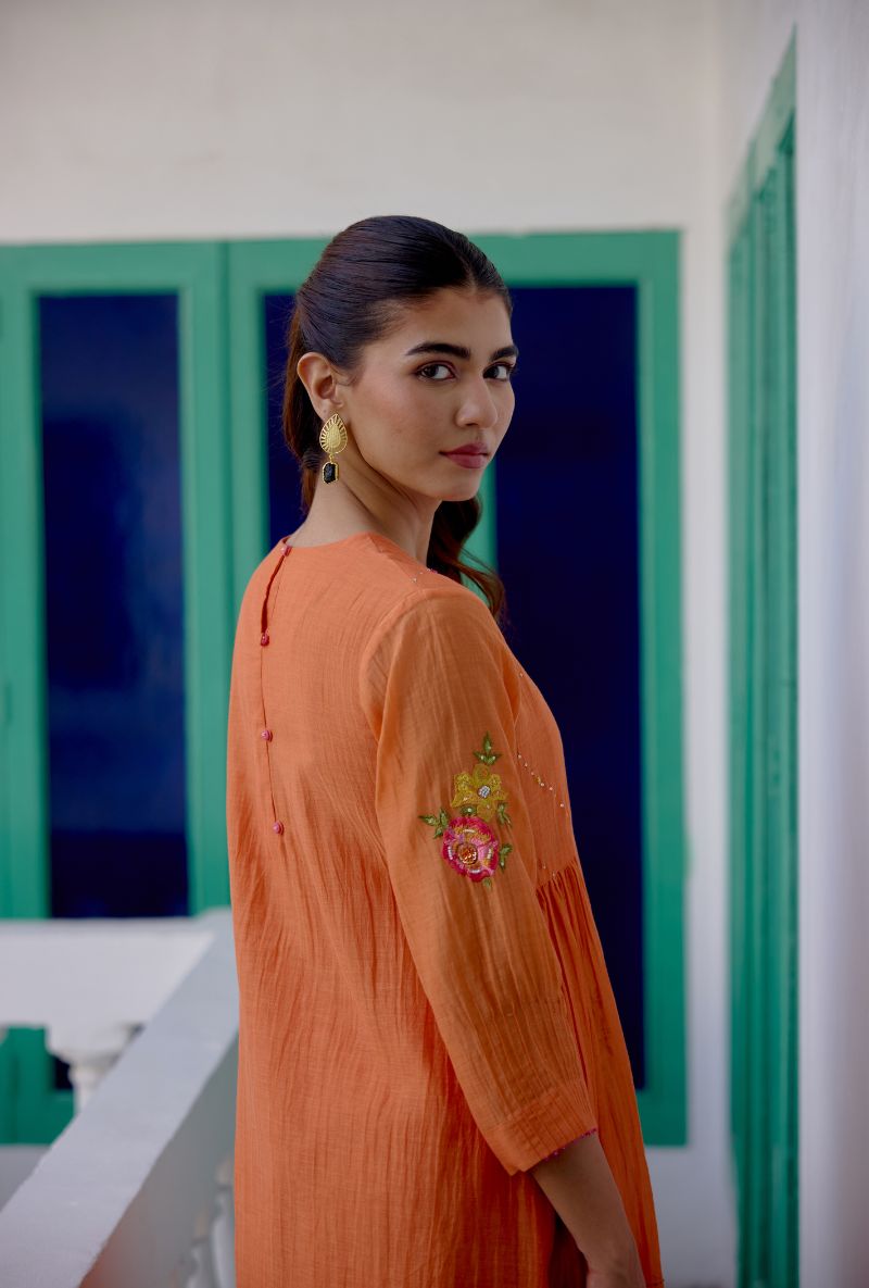 Orange Floral Embroidered Side Gather Vaidehi Kurta Set