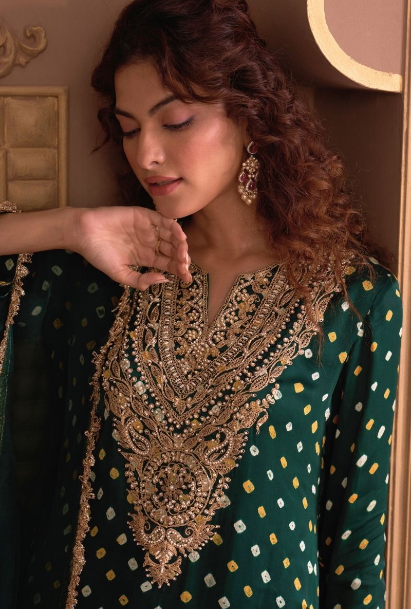 Green Bandhej Rasia Kurta Set