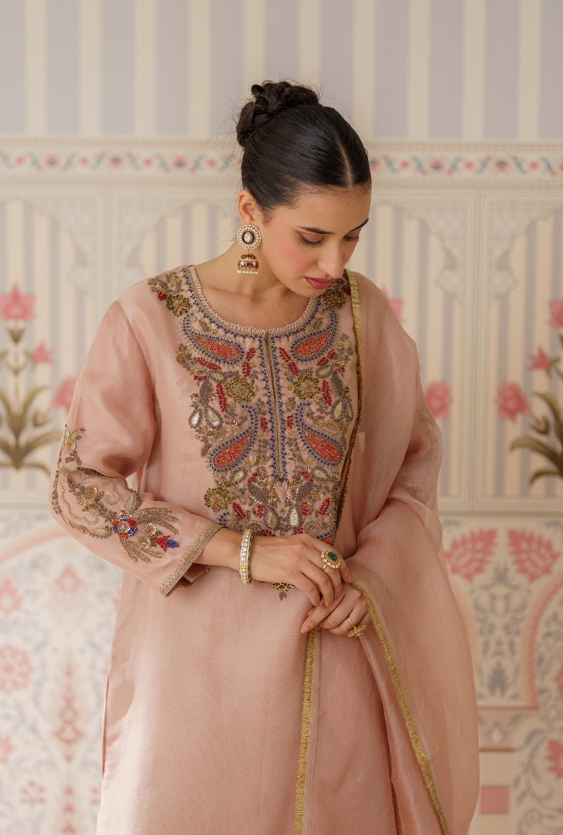 Powder Pink Dabka Long Yoke Mallika Kurta Set