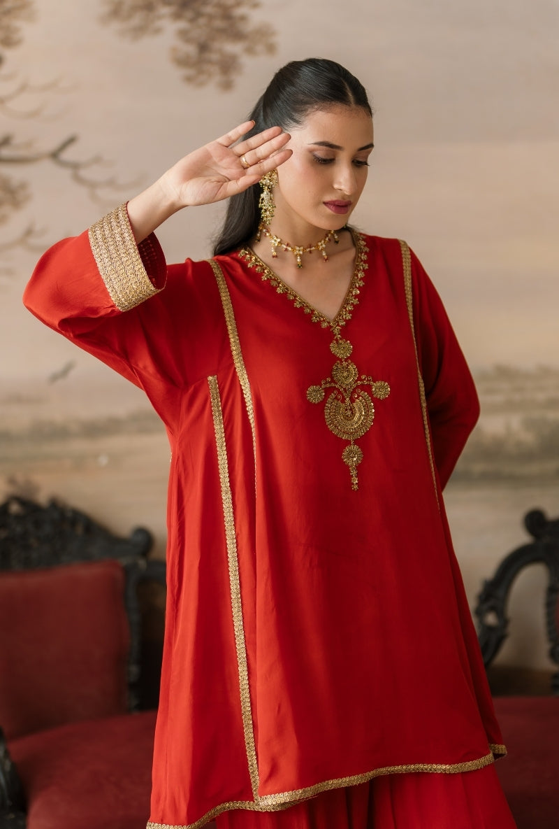 Rust Embroidered Motif Choga Gulbano Salwar Set