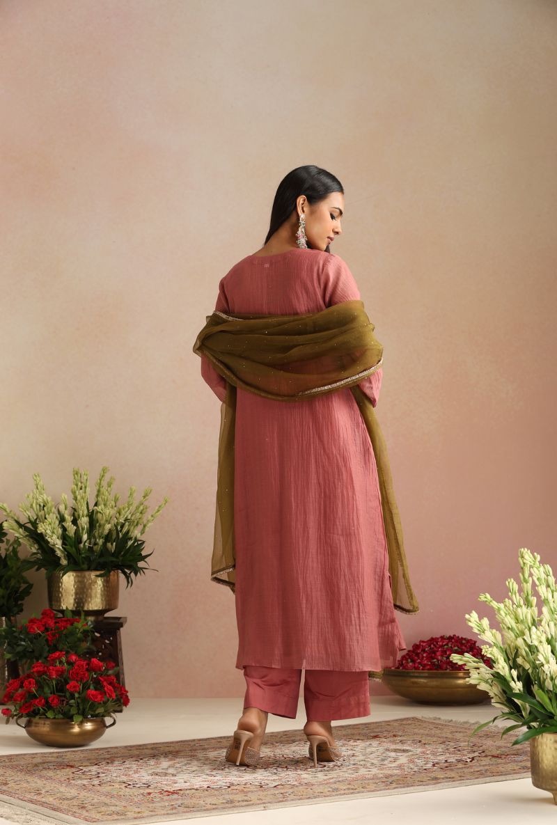Coral Rose Hand Embroidered Yoke Itrh Kurta Set
