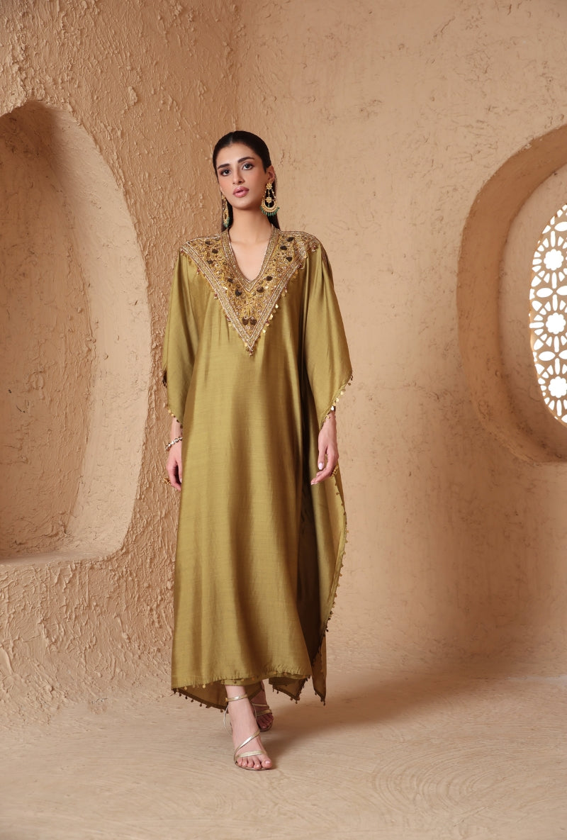 Olive Green V Neck Nihira Kaftan Set