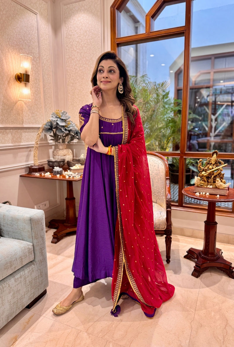 Meghna Nayyar in Purple Zari Motif Anarkali Set