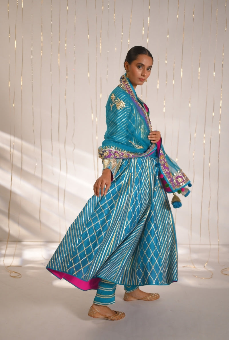 Peacock Blue Gota Lace and Patti Long Mehreen Anarkali Set