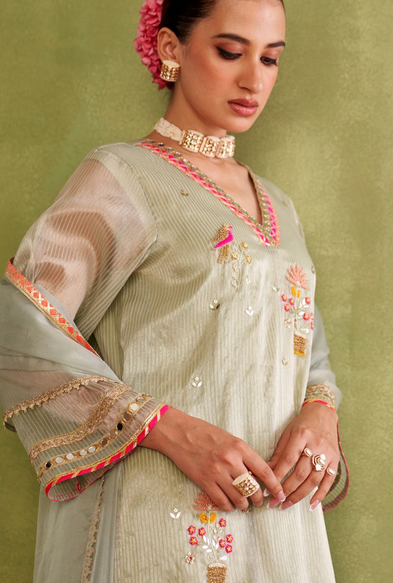 Light Sage Green Tissue Stripes Morbagh Kurta Set