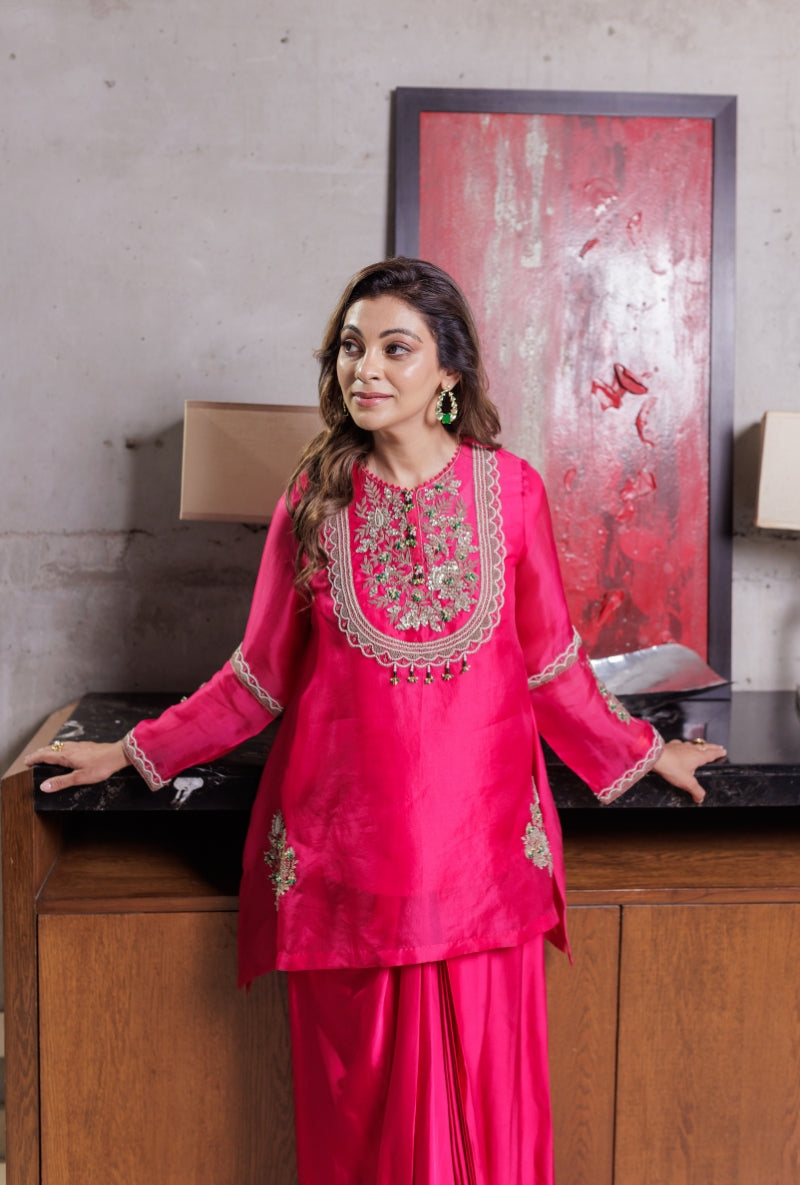Meghna Nayyar in Rani Pink Dabka Long Yoke Drape Skirt Set