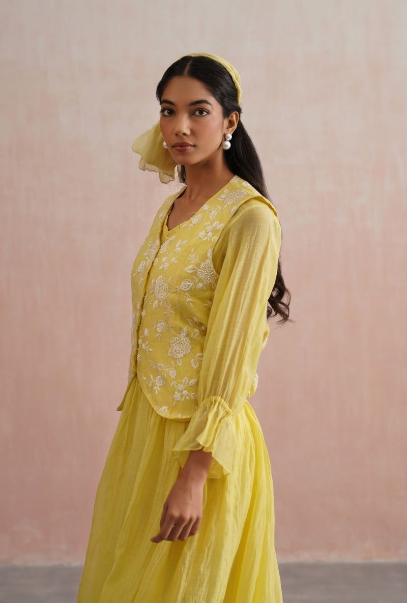Lemon Yellow Pearl Embroidered Waistcoat Prisha Dress