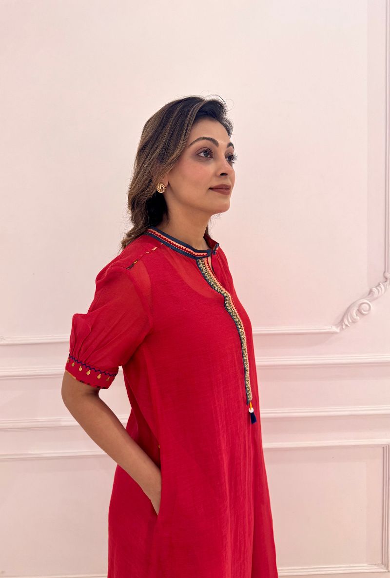 Meghna Nayyar in Red Marodi Embroidery Placket Maeri Kurta Set