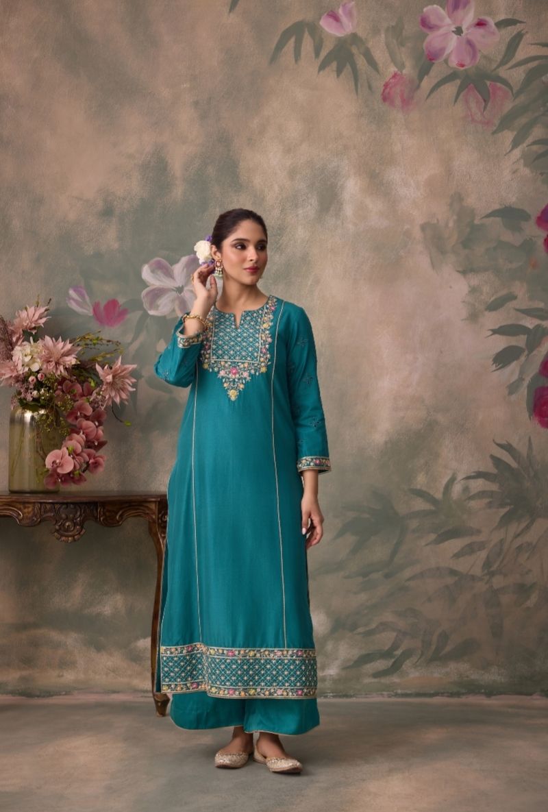 Teal Green Embroidered Jaal Yoke Jalsa Kurta Set