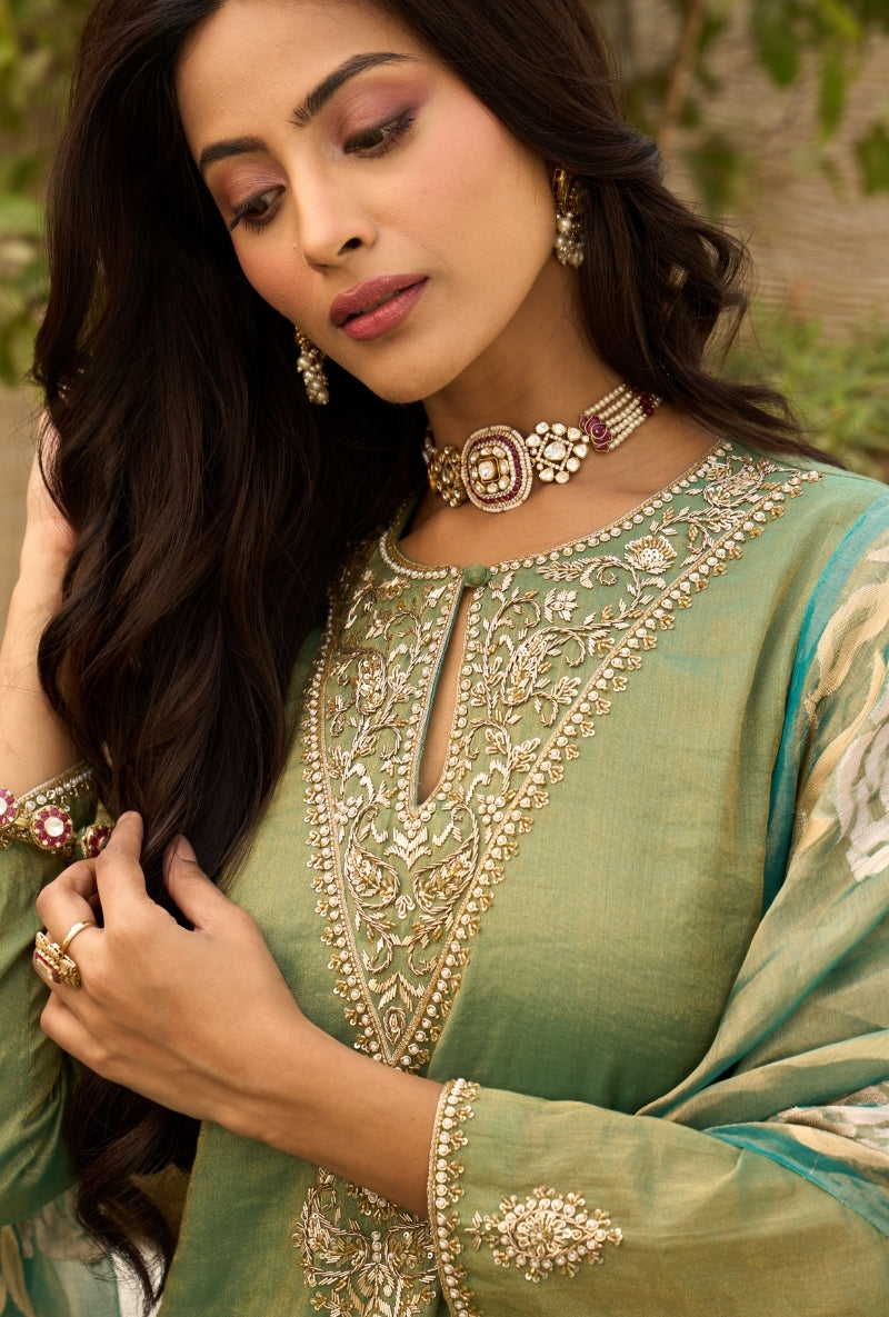 Green Embroidered Yoke Tissue Sabah Sharara Set