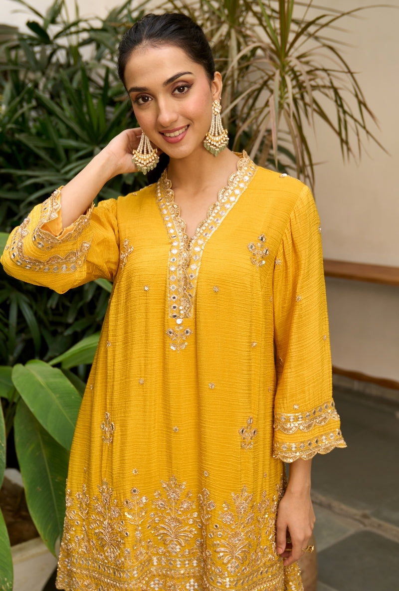 Yellow Embroidered A-Line Nadira Farshi Salwar Set