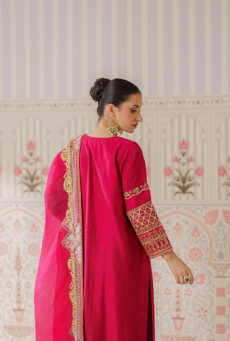 Red Resham and Dabka Hand Embroidered Mallika Kurta Set