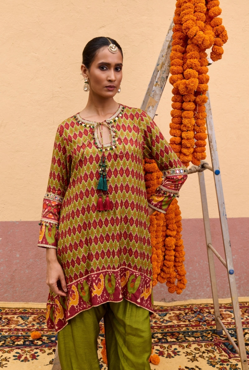 Green Ikat Asymmetric Oorja Kurta Set