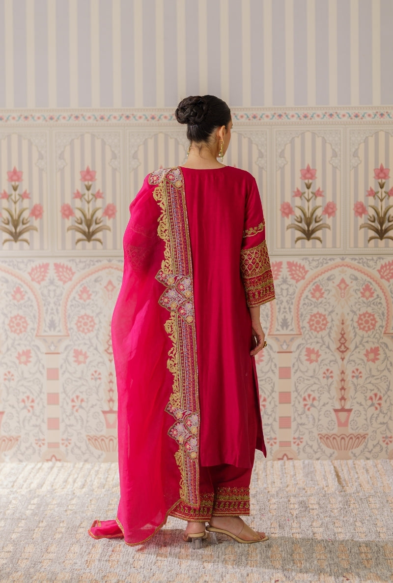 Red Resham and Dabka Hand Embroidered Mallika Kurta Set