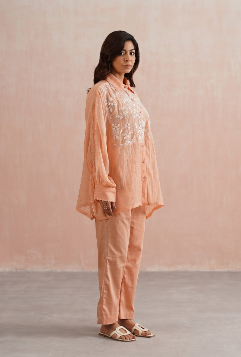 Peach Pearl Embroidered Kimono Prisha Co-ord set