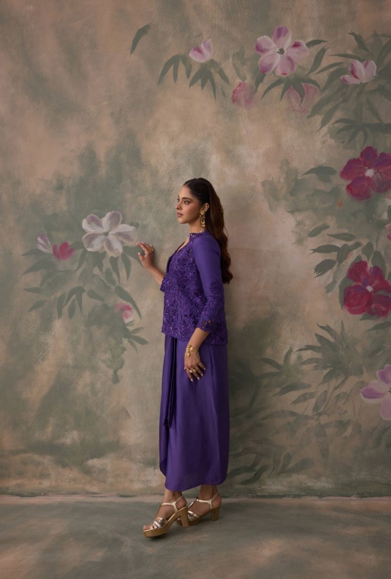 Purple Cutwork Jacket Jalsa Skirt Set