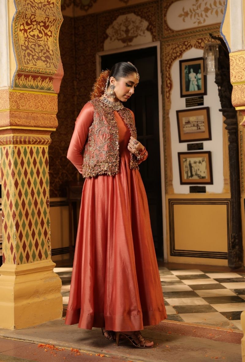 Rose Pink Jacket Mehfil Anarkali Set