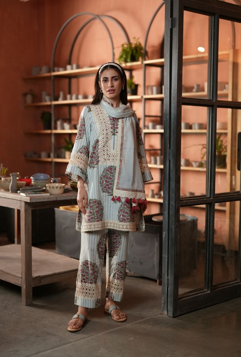 Powder Blue Annar Boota Motif Raisa Short Kurta Set