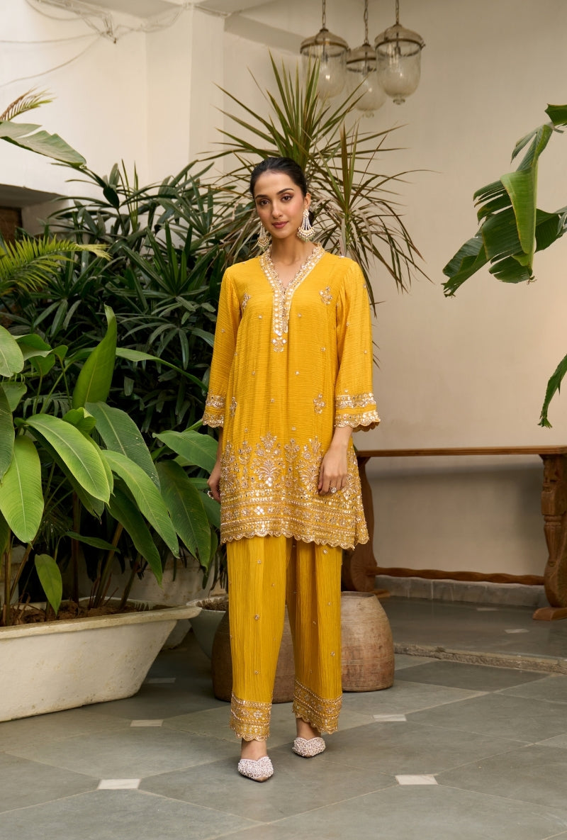 Yellow Embroidered A-Line Nadira Farshi Salwar Set