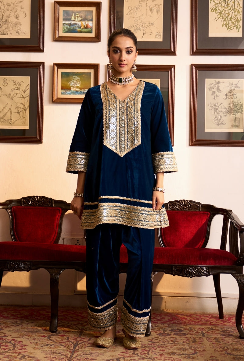 Blue Long Zari Embroidery Yoke Dilbar Farshi Salwar Set